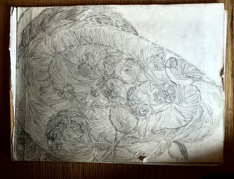 Snoopy — AI generated: Snoopy, a graphite drawing listed in the Lines category, fills a sketchbook page with the profile of a dog’s head rendered in dense short pencil strokes. The composition is built from swirling, concentric circular motifs and repetit