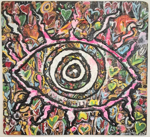 Psychedelic eye — 16x27 acrylic & ink on distressed board centering on a stylized psychedelic eye surrounded by layered hearts, blending neo- expressionist  graffiti enery with  symbol visual perception themes.