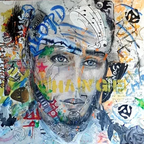 I've got the music in me — Pen, pencil, charcoal, and wash on canvas come together with collage in this layered portrait of music, memory, and the blues. Built from expressive graffiti marks, fragments of sheet music, guitar picks, and handwritten lyric p